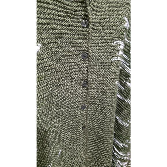 Olive Green Knit Fringe Shawl Poncho Wrap Boho One Size - Picture 4 of 6